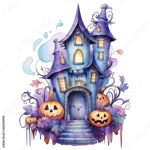 Halloween haunted house, in pastel color tones. Isolated on transparent background © MelissaMN