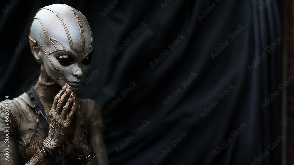 Cyper Alien Kopf in silber voller technologie mit asymetrischen Augen Querformat für Banner, ai generativ Cyper Alien Kopf in silber voller technologie mit asymetrischen Augen Querformat für Banner, ai generativ