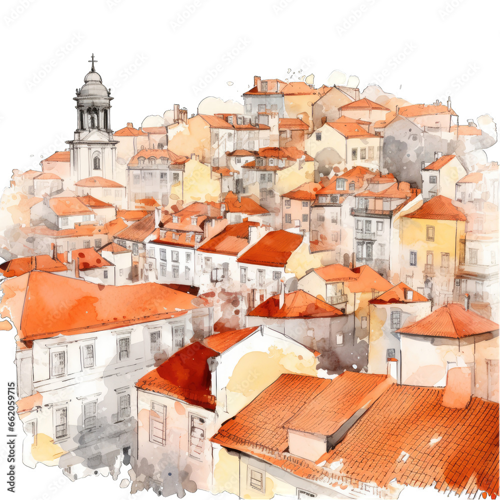 Watercolor illustration of Lisbon Portugal with its famous orange rooms in the city old town