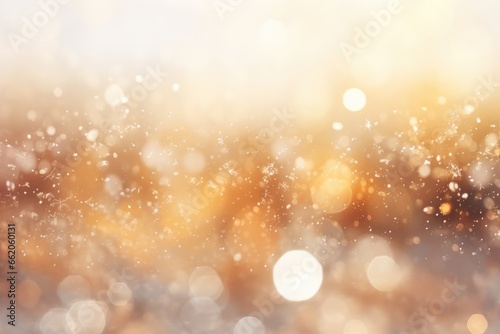  Snowfall texture on blurry background. Silver and gold abstract blurred bokeh lights. Christmas and New Year holiday backdrop with copy space
