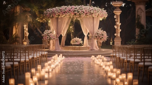 A beautifully decorated wedding venue with elegant floral arrangements, soft candlelight, and a charming gazebo for the ceremony photo