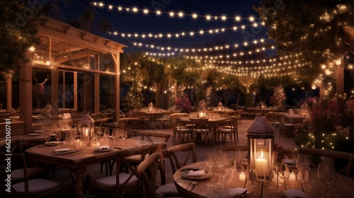 A magical evening shot of the wedding reception venue illuminated with string lights, creating a warm and festive atmosphere