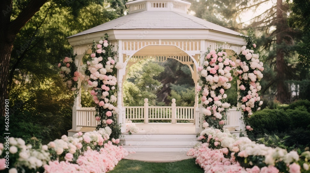 A romantic garden wedding with blooming flowers, lush greenery, and a charming gazebo for the ceremony