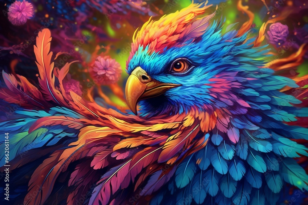 Colorful artwork showcasing a majestic bird with beautiful feathers. Generative AI
