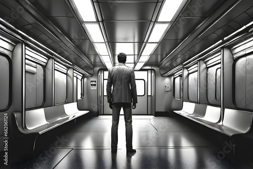 A detailed illustration of a lonely office worker who doesn't want to go to work on Monday, standing alone in the subway, with a serious face on his face. Generative AI