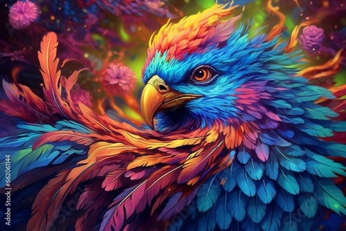 Colorful artwork showcasing a majestic bird with beautiful feathers. Generative AI © Jeff