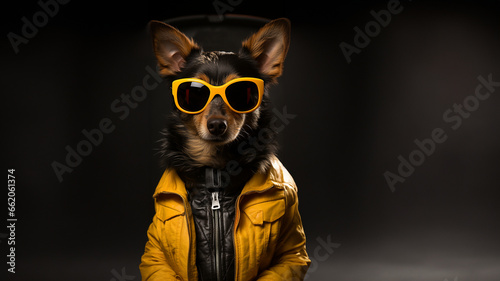 Hund Cartoon Tiere als Geschäftsmann im Anzug verkleidet schaut cool in die Kamera im Querformat für Banner und Poster, ai generativ
