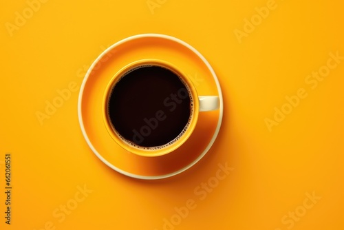 White cup of delicious black coffee on bright yellow background. Minimal trendy concept. Flat lay, top view with copy space