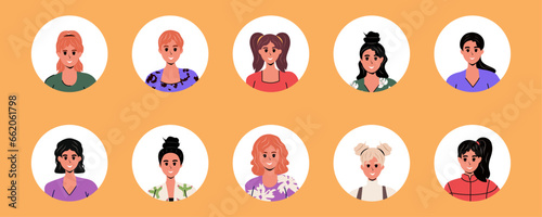 Set of Girls in flat style in different clothes. Face and hand. Person icons. Vector stock illustration. Character. Isolated. White background. Woman. Human. Emotions. Graphic design.