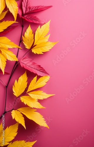 Autumn flat lay concept, fallen leaves of warm red and yellow colors. Autumn tender background. 