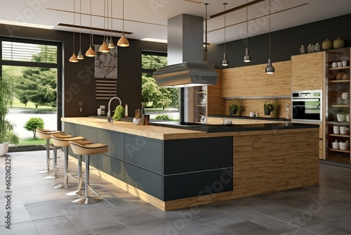 Modern kitchen with a trendy bar island and cooking space. Includes a frame for visualization. Generative AI © Kaida