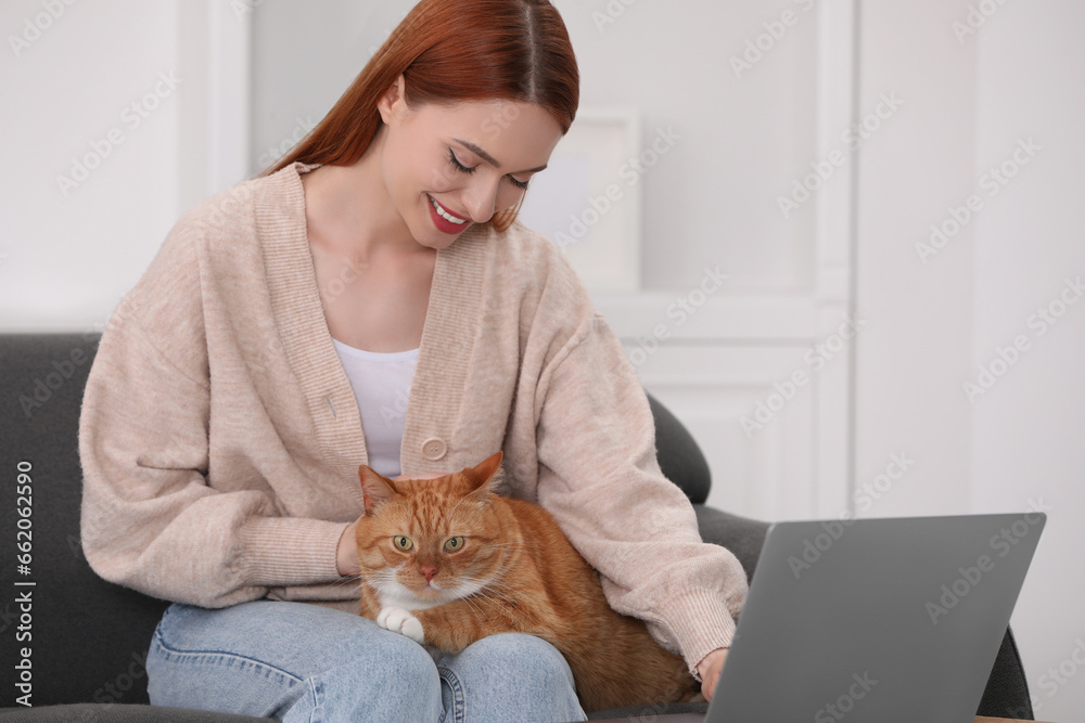 Happy woman with cat working on sofa at home Happy woman with cat working on sofa at home