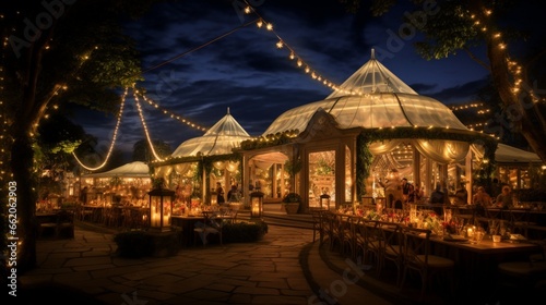 A dreamy shot of the wedding venue at night, with string lights creating a magical and enchanting scene