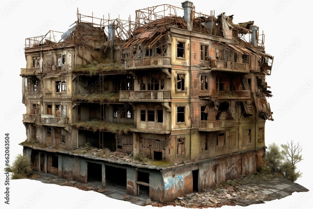 War-torn building rendered in 3D, isolated and in small scale. Generative AI