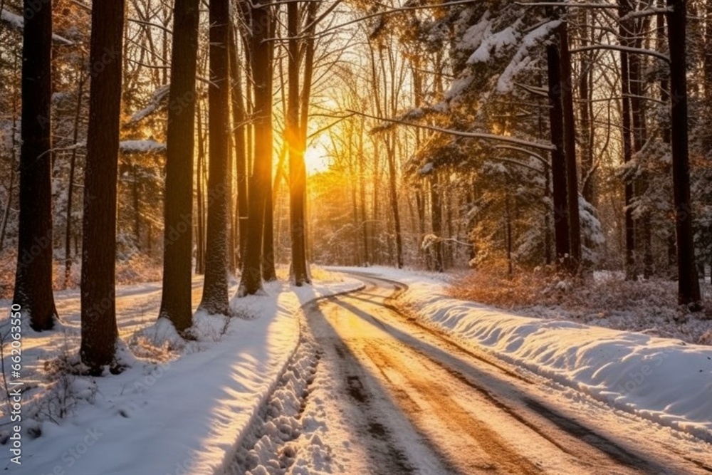 Sunlight on snowy road amidst trees. Generative AI