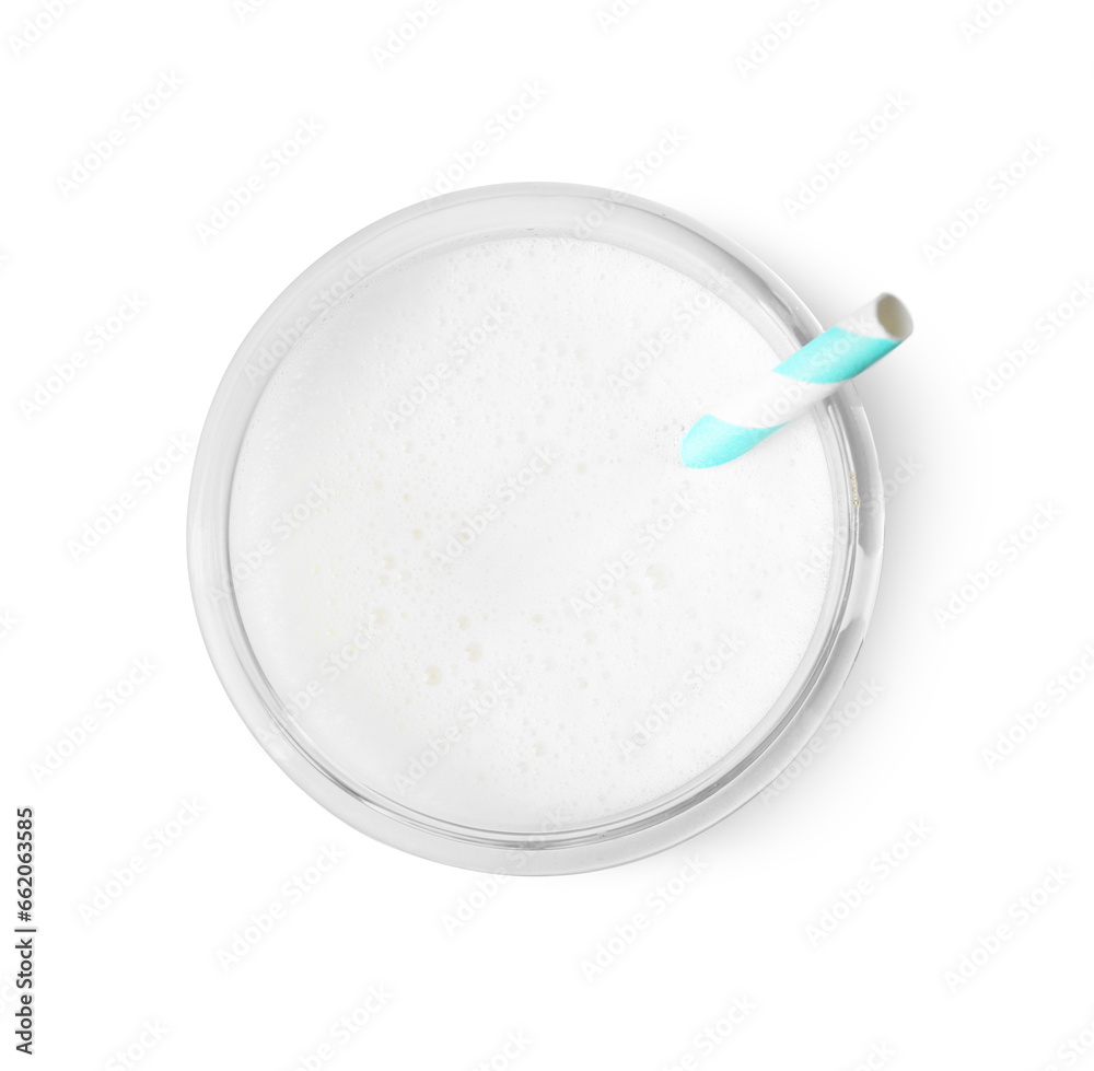 Glass of fresh milk with straw isolated on white, top view