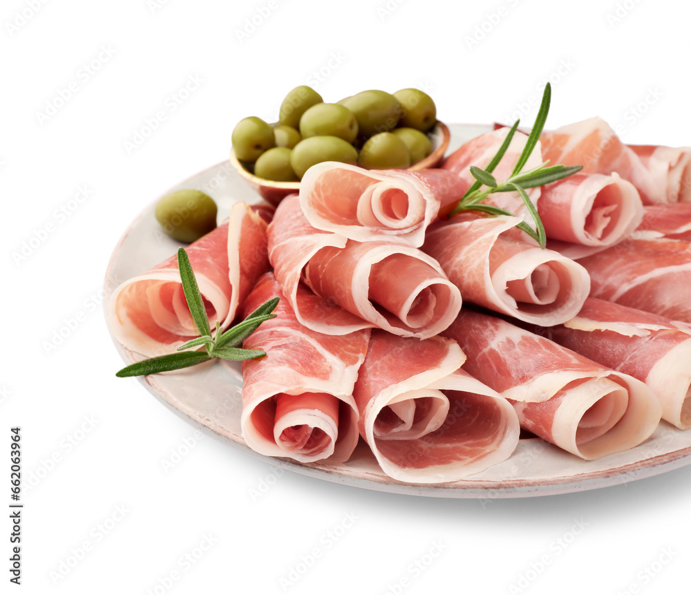 Plate with rolled slices of delicious jamon, olives and rosemary isolated on white Plate with rolled slices of delicious jamon, olives and rosemary isolated on white