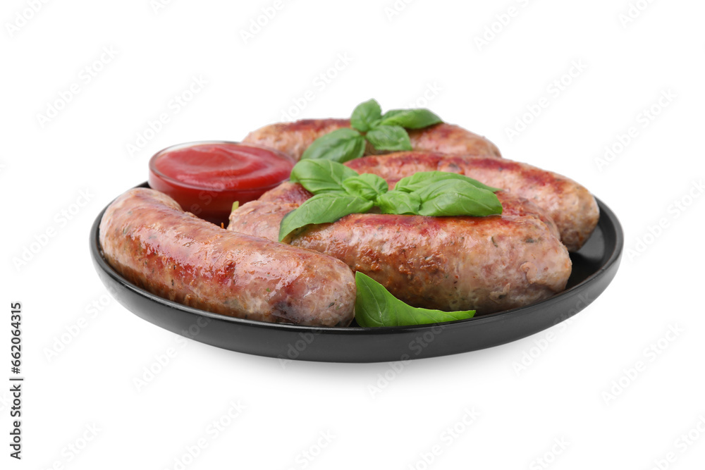Plate with tasty homemade sausages, ketchup and basil leaves on white background