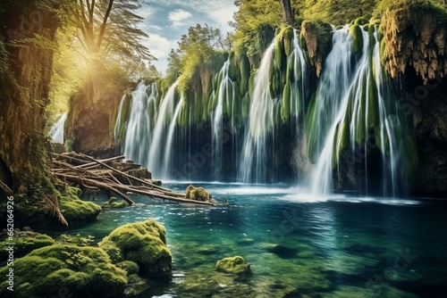 Scenic waterfall at Plitvice Lakes, Croatia. Generative AI © Donald
