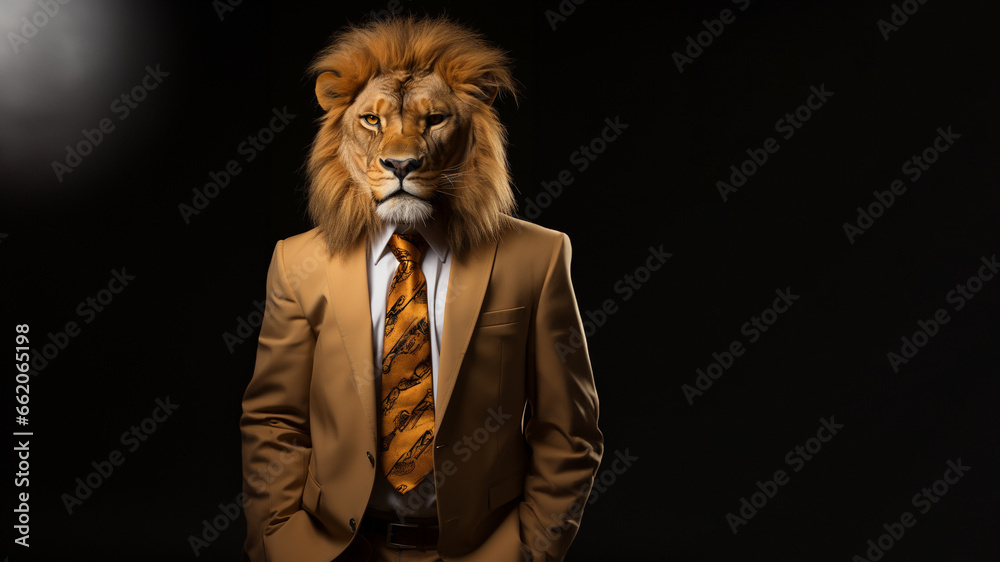 Löwe Cartoon Tiere als Geschäftsmann im Anzug verkleidet schaut cool in die Kamera im Querformat für Banner und Poster, ai generativ - obrazy, fototapety, plakaty 