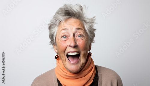 Captivating Portrait of a Silly Senior Woman with Blond Hair, Shouting in Surprise with a Crazy Expression © Alienmonster Images