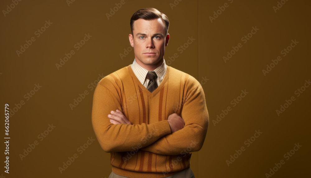 Confident Mature Caucasian Male Bodybuilder with a Nerd Hipster Style Smiling in a Studio Portrait: A Concept of Fun Humor and Success in Adult Lifestyle Confident Mature Caucasian Male Bodybuilder with a Nerd Hipster Style Smiling in a Studio Portrait: A Concept of Fun Humor and Success in Adult Lifestyle