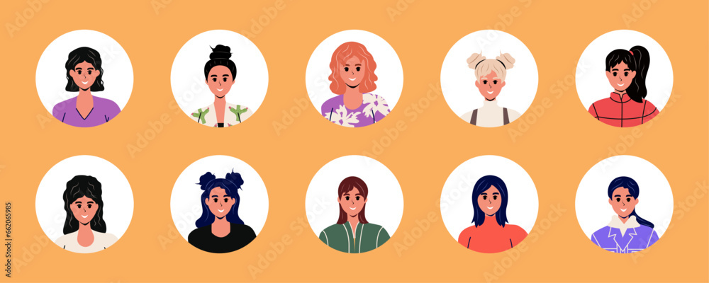 Set of Girls in flat style in different clothes. Vector stock illustration. Character. Isolated.  Face and hand. White background. Woman. Human. Emotions. Graphic. Person icon