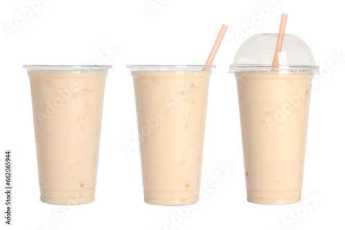 Collage with plastic cup full of tasty smoothie isolated on white
