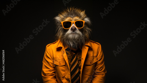 Hund Cartoon Tiere als Geschäftsmann im Anzug verkleidet schaut cool in die Kamera im Querformat für Banner und Poster, ai generativ