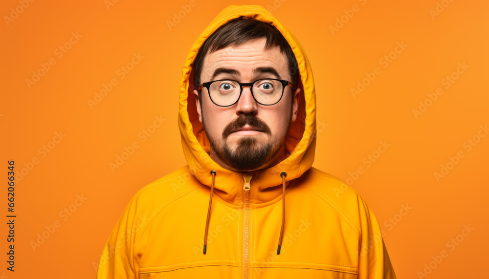Vivid Portrait of a Grumpy Hipster Guy: Serious Expression in Yellow Sweater