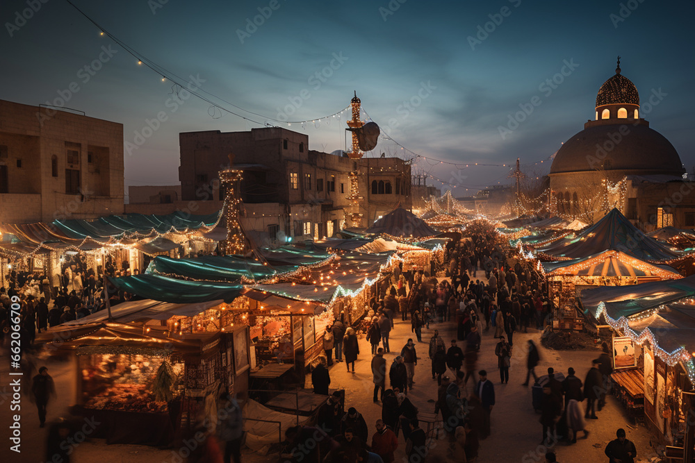 Φωτογραφία Imagination scenery, Aerial twilight scenery of christmas market on the street of middle east muslim city