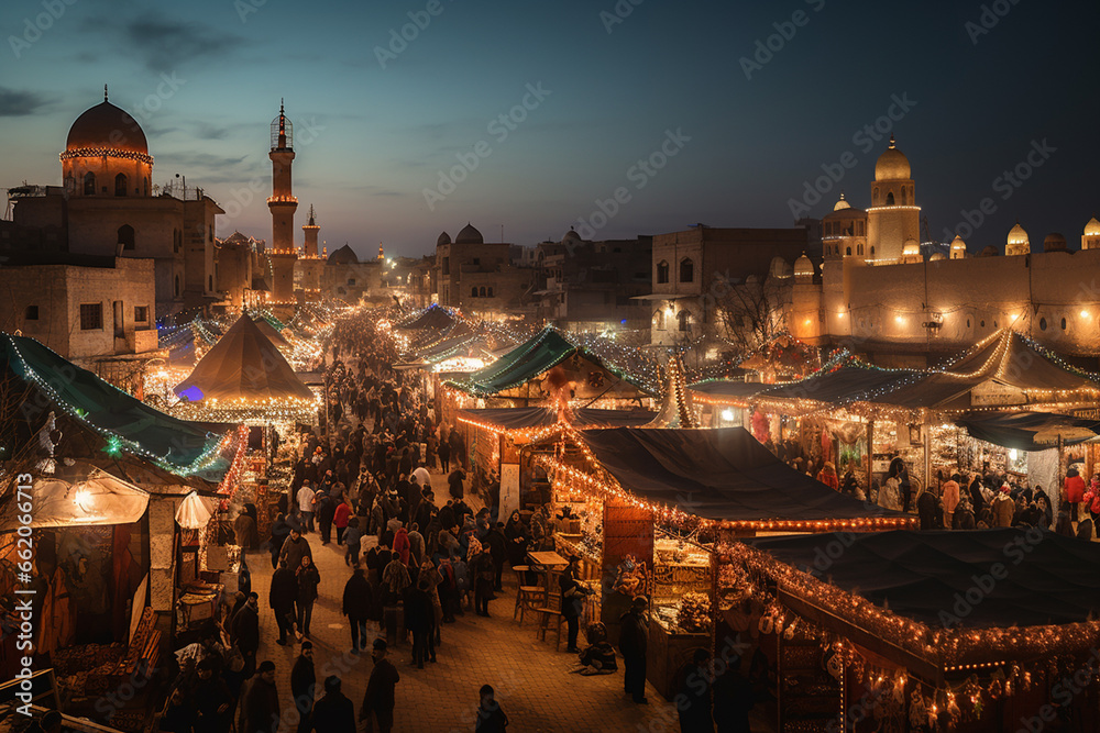 Φωτογραφία Imagination scenery, Aerial twilight scenery of christmas market on the street of middle east muslim city