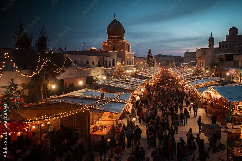 Φωτογραφία Imagination scenery, Aerial twilight scenery of christmas market on the street of middle east muslim city