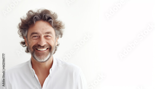 Portrait of a Mature Handsome Man with a Radiant Smile: Closeup of a Hipster Guy's Funny Face and Expressive Headshot