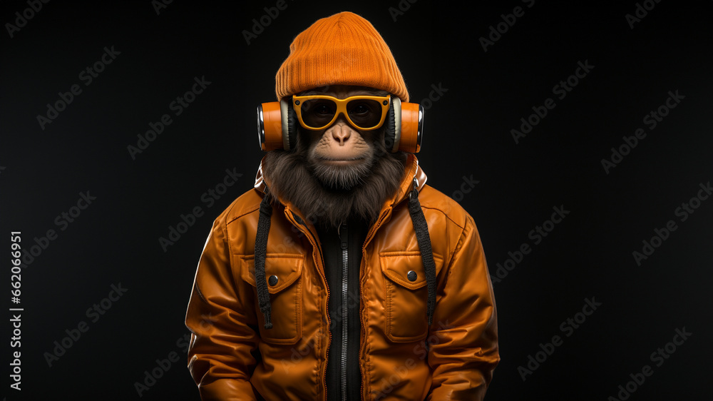 Affe Cartoon Tiere als Geschäftsmann im Anzug verkleidet schaut cool in die Kamera im Querformat für Banner und Poster, ai generativ Affe Cartoon Tiere als Geschäftsmann im Anzug verkleidet schaut cool in die Kamera im Querformat für Banner und Poster, ai generativ
