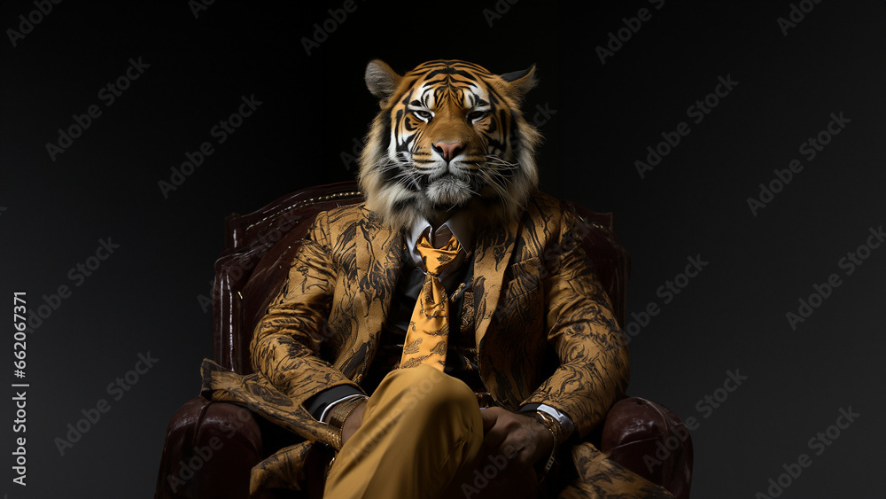 Tiger Cartoon Tiere als Geschäftsmann im Anzug verkleidet schaut cool in die Kamera im Querformat für Banner und Poster, ai generativ - obrazy, fototapety, plakaty 