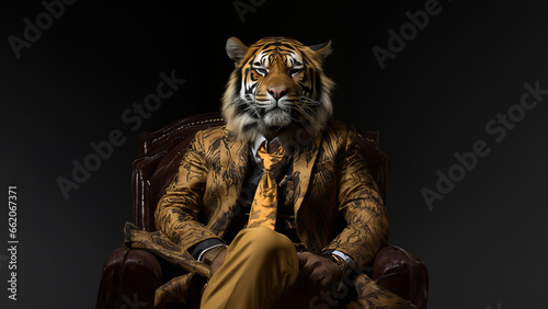 Tiger Cartoon Tiere als Gesch  ftsmann im Anzug verkleidet schaut cool in die Kamera im Querformat f  r Banner und Poster  ai generativ
