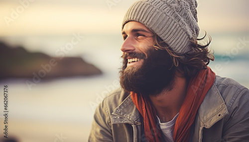 Hipster Portrait of a Young, Handsome Guy in Casual Style, Smiling by the Ocean, Wearing a Beard, Jacket, and Cap photo