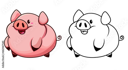 Over weighted fat Pig cartoon vector illustration, pink chubby farm hog, swine , porker colored and black and white line art stock vector image