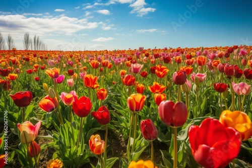 a vibrant meadow with blooming tulips. Generative AI