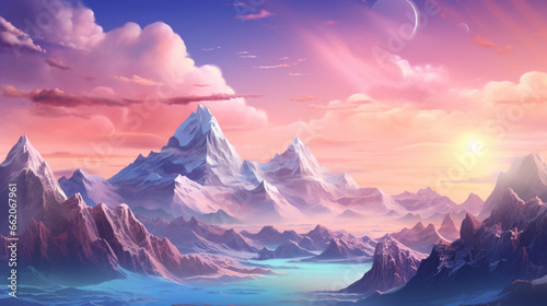 Beautiful landscape of fantasy mountain and pastel sky background