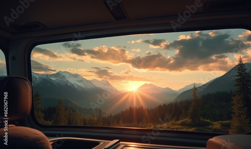 Beautiful view of serene mountain landscape from inside a camper truck