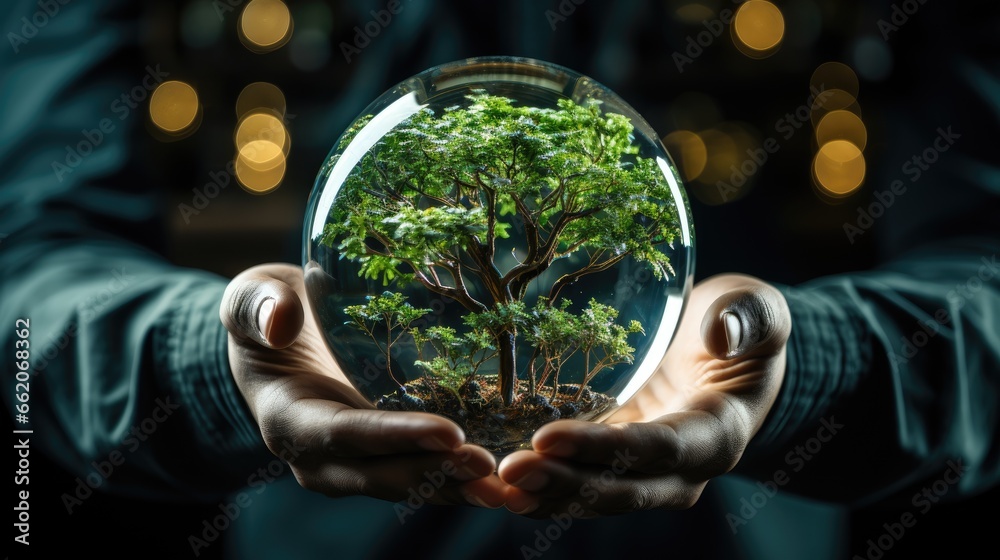 Εκτύπωση καμβά Two hands delicately cradle a transparent orb, within, miniature, verdant tree stands, lush and detailed, with branches extending outward, showcasing green leaves