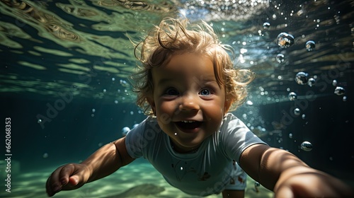 An exuberant toddler with curly blonde hair floats underwater, reaching out with one hand, radiant blue eyes are wide open, reflecting wonder and curiosity