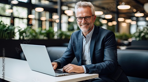 A professionally dressed man with white hair and glasses is seen seated in a contemporary office space. He is working on a sleek laptop placed on a white table, smiling at camera, 