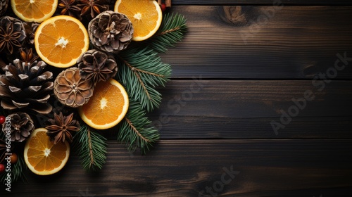 christmas decoration on wooden background, festive arrangement of orange slices, pine cones, star anise, and pine needles on a dark wooden surface.