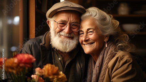 An elderly man and woman are pictured in a close embrace, radiating joy and affection, in a cozy, domestic setting, photo