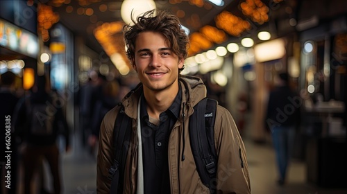 A young man with tousled hair stands in a well-lit indoor setting, possibly a shopping mall or a station. He sports a contented smile, and wears a jacket over a shirt, backpack, travel, student photo