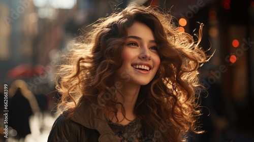 A young woman in a joyful moment, her curly hair dances in the sunlight, creating a halo effect around her, cheerful expression, marked by a bright smile and sparkling eyes, radiates positivity