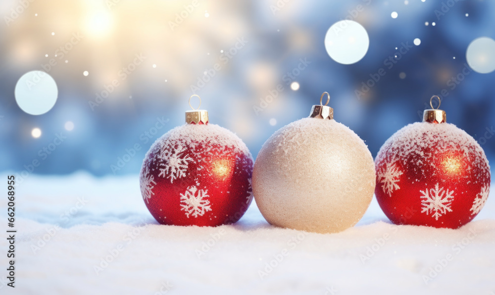 Fototapeta premium Christmas baubles balls on snow outdoors